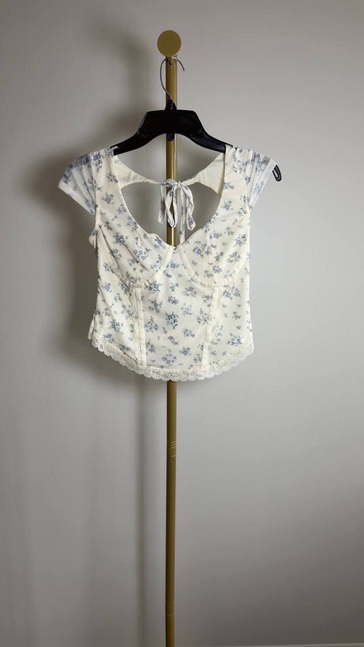 Hippie Rose Juniors’ Corset Short‑Sleeve Mesh Top White Floral L NWT $32