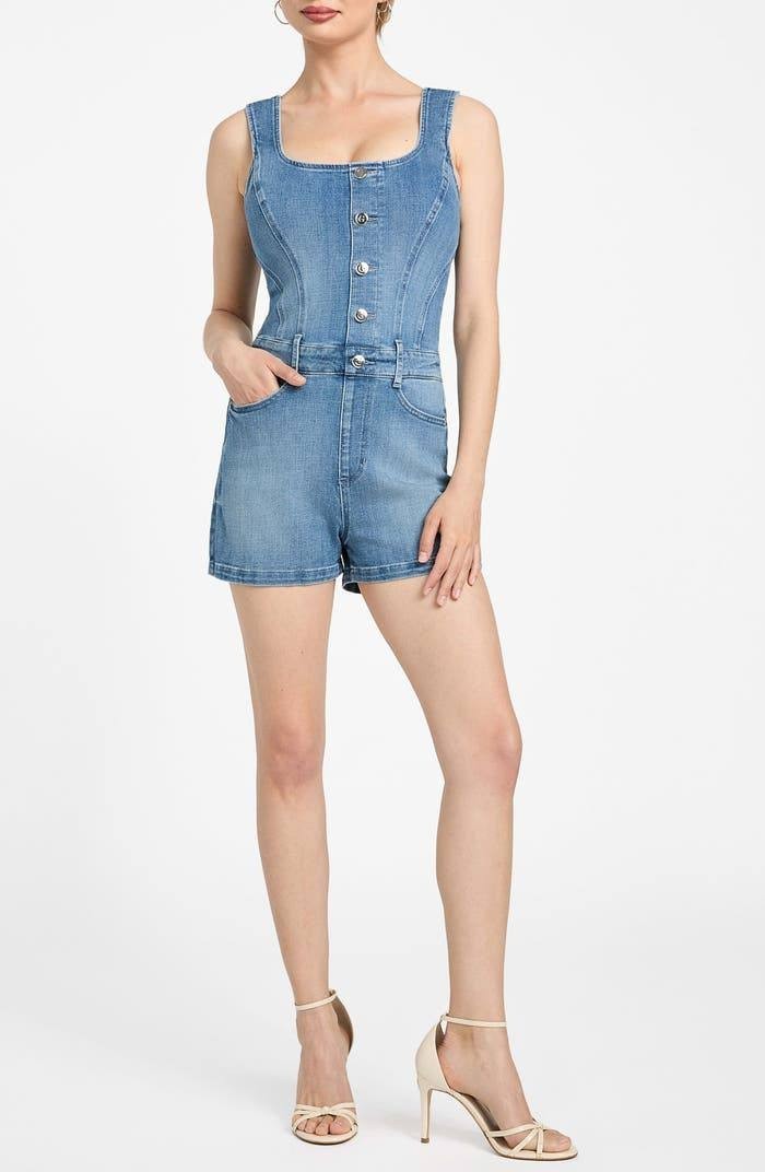 Guess Sunni Sleeveless Stretch Denim Romper Dream Blu Size L NWT $148
