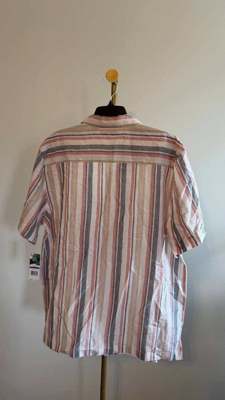 Cubavera Men’s Striped Panel Button‑Front Linen Camp Shirt Egret XL/EG $80 NWT