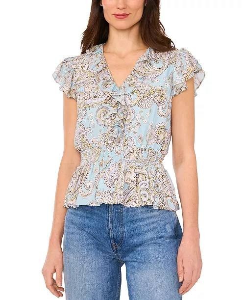 Parker Women’s The Margot Paisley‑Print Ruffled Top Blue Multi L $99 NWT