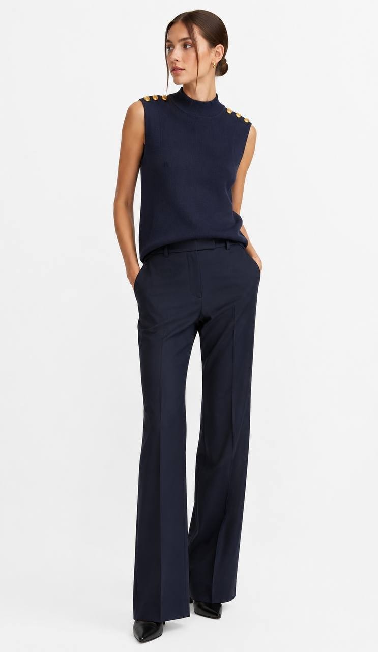 Donna Karan New York Sleeveless Rib Knit Top Gold Buttons Navy L NWT $99