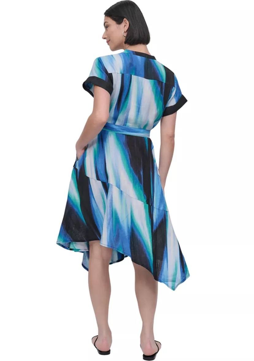 DKNY Brushstroke Printed Asymmetrical Linen Dress Caribbean Multi 4 NWT $159