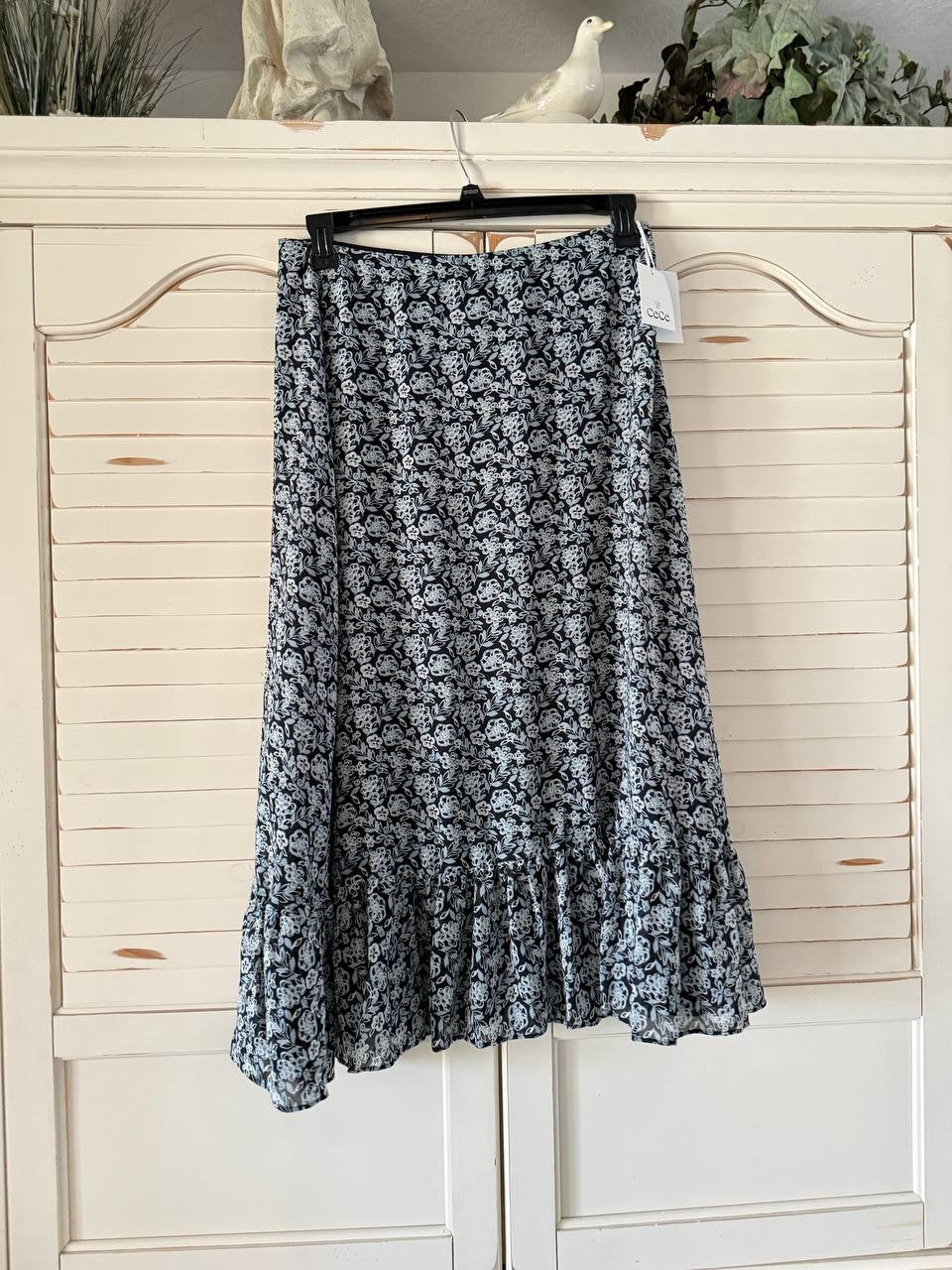 CeCe Printed Ruffle-Hem Midi Skirt Size 12 Night Shade NWT $69