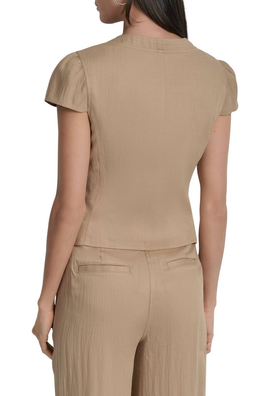 DKNY Cap Sleeve Zip Front Twill Shirt Travertine L NWT $99