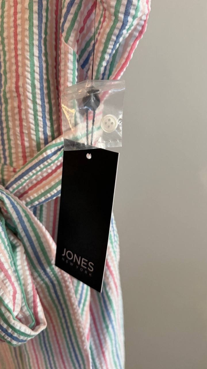 Jones New York Women’s Stripe Belted Shirtdress White Multi L $120 NWT