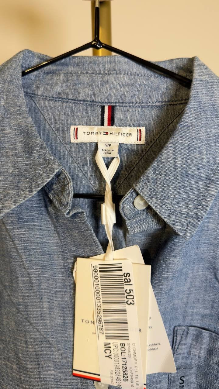 Tommy Hilfiger Chambray Roll‑Tab Button‑Front Shirt Mid Blue S NWT $79.50