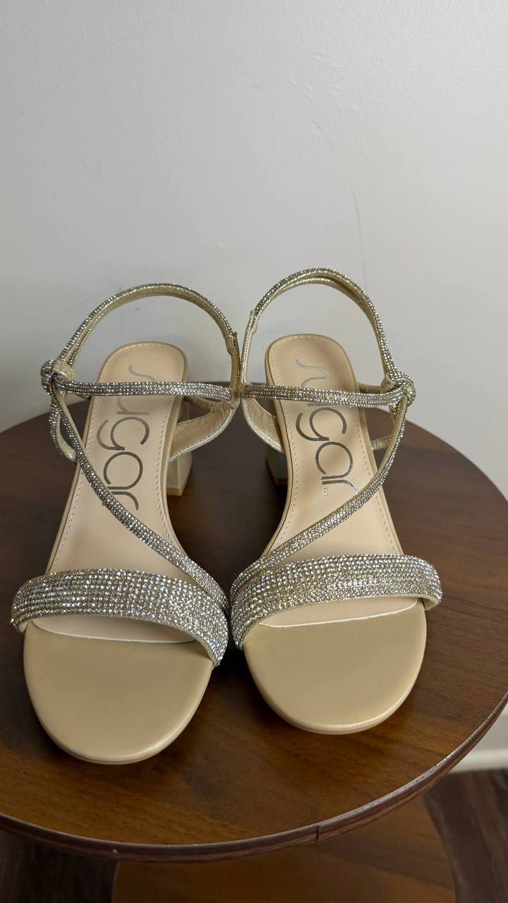 Sugar Neeve Dress Sandals 7.5M Champagne Satin Block Heel NIB msrp$59.99