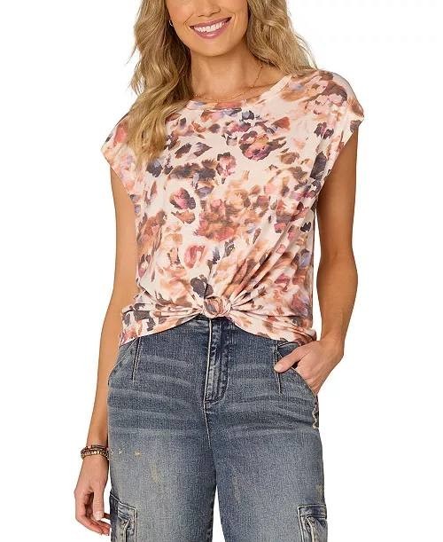 Democracy Knot‑Hem Cap‑Sleeve Printed Knit Top Summer1 M NWT $48