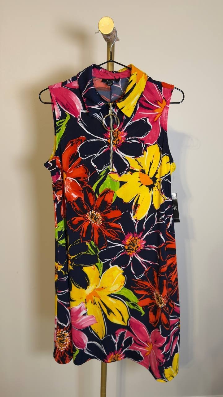 MSK Women’s Floral Jersey Front‑Zip Sleeveless Dress Black Floral M NWT $69