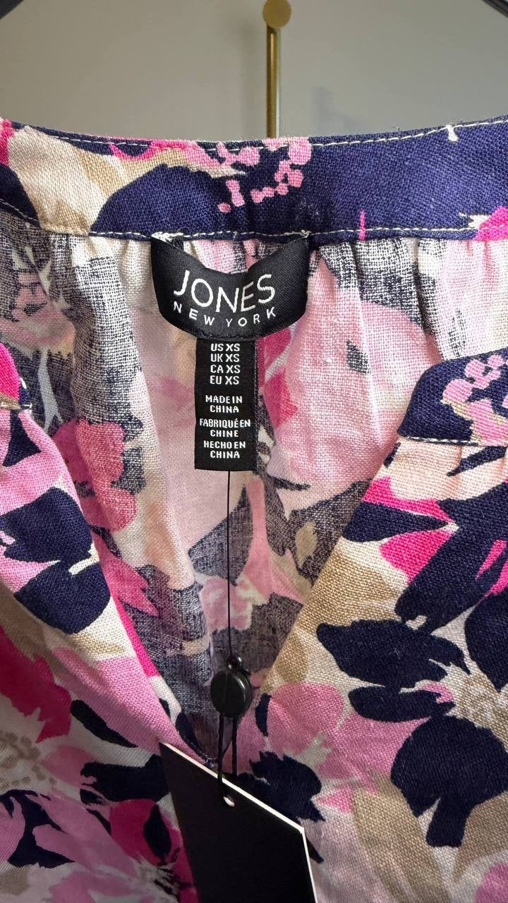 Jones New York V‑Neck Print Tie‑Sleeve Linen Blend Blouse White Multi XS NWT
