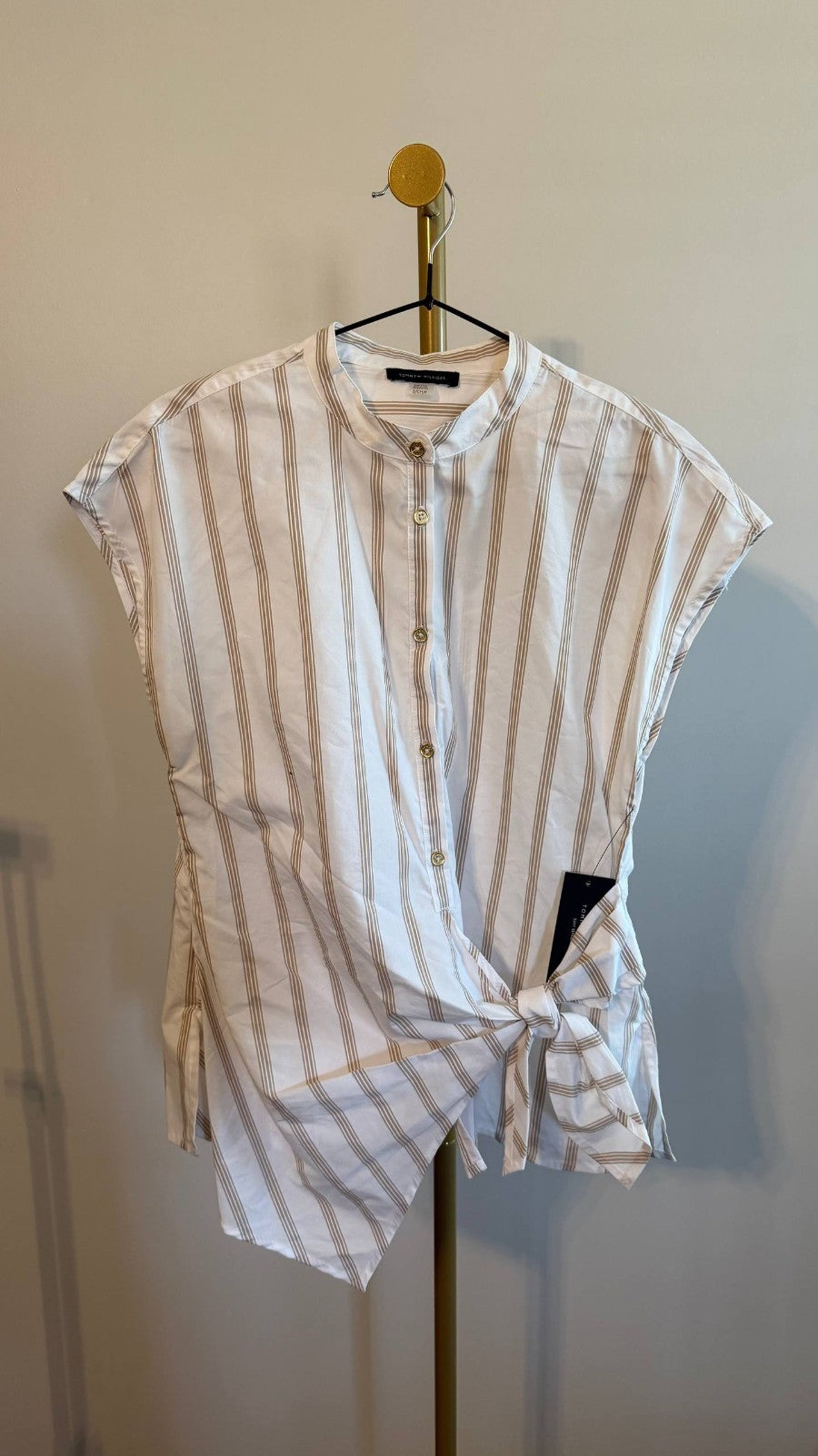 Tommy Hilfiger Women’s Striped Side‑Tie Cap‑Sleeve Blouse White Beige $79 NWT