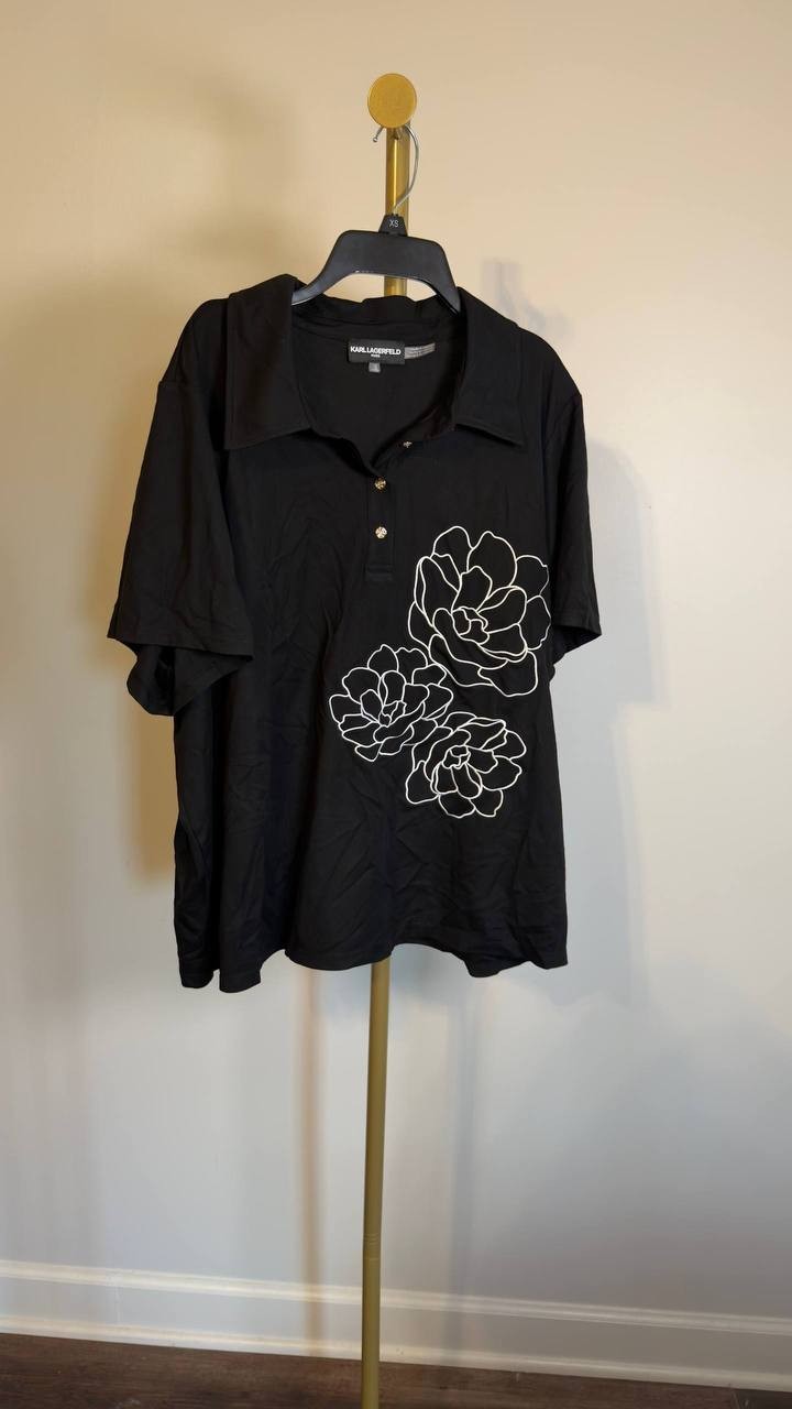 Karl Lagerfeld Paris Short Sleeve Blouse Black 1X NWT $99