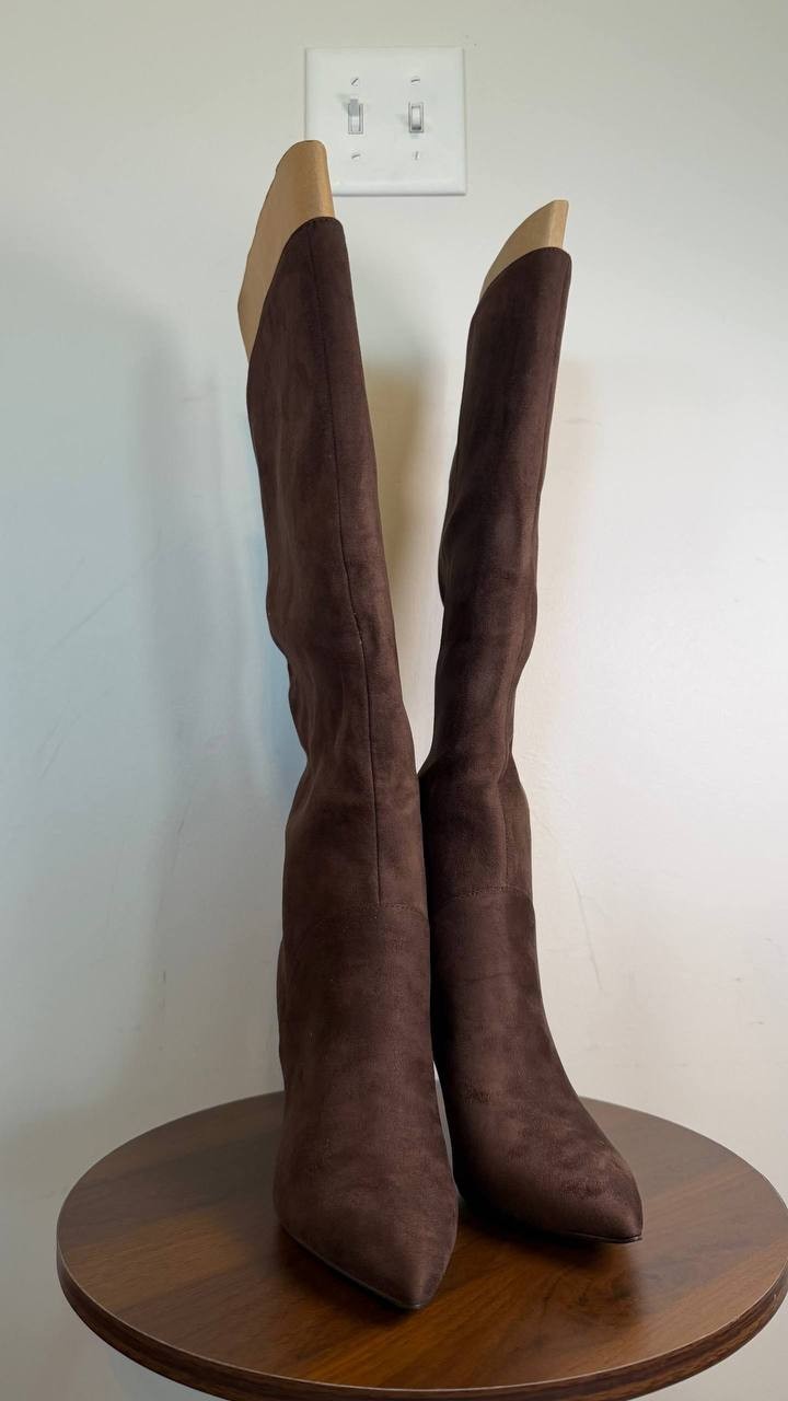 Nine West Razla Knee High Boots Dark Brown 6.5M Faux Suede Stiletto $189 NWB