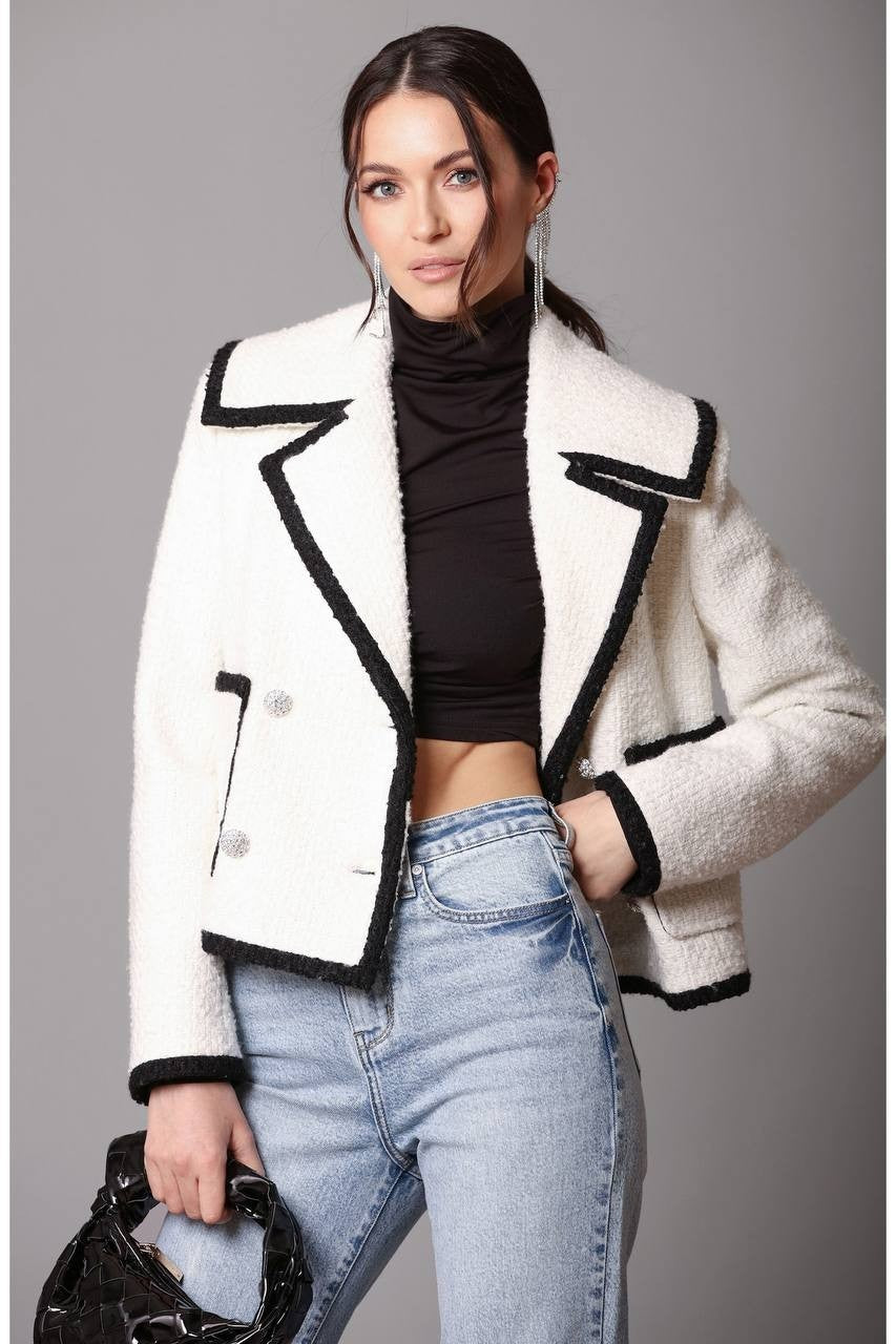 Avec Les Filles Tweed Double‑Breasted Tipped Jacket Cream M NWOT $169