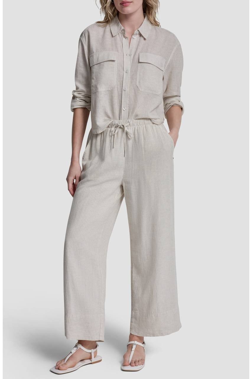DKNY Jeans Petite Linen-Blend High-Waist Wide-Leg Pants Lex Pebble PL NWOT $89