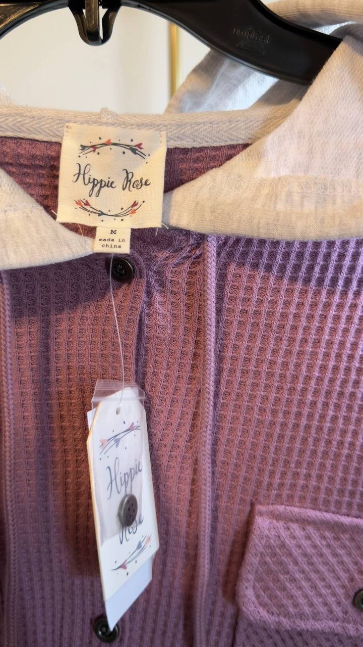 Hippie Rose Juniors' Hooded Waffle Knit Shacket Valerian Combo M NWT $38