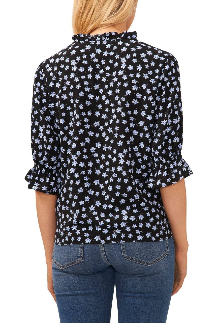 CeCe Floral Split‑Neck Elbow‑Sleeve Blouse Reach Black L NWT $79