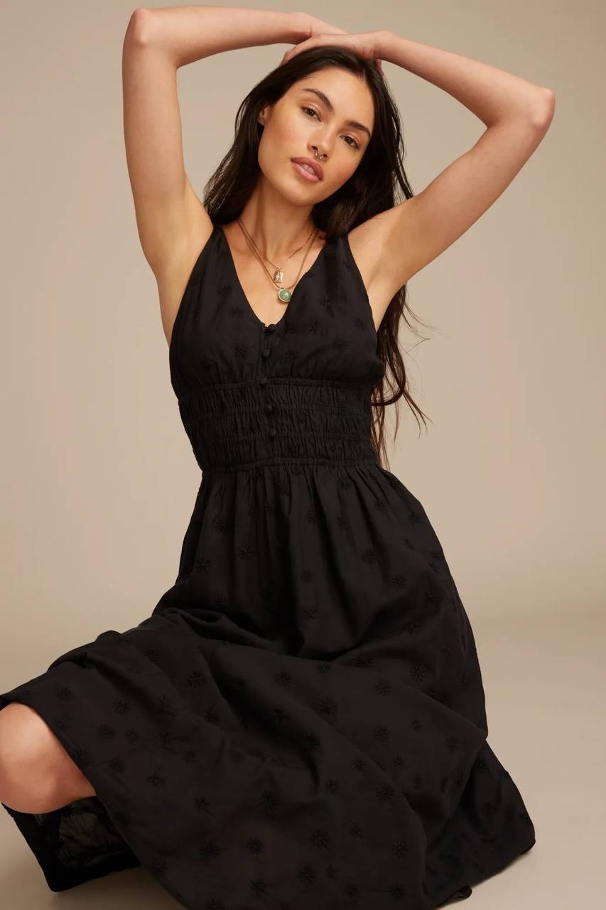 Lucky Brand Dress M Black V-Neck Smocked Waist Midi Flutter Sleeve MSRP $149