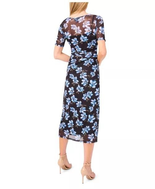CeCe Short‑Sleeve Ruched‑Side Mesh Crew‑Neck Midi Dress – Size M – NWT – $59