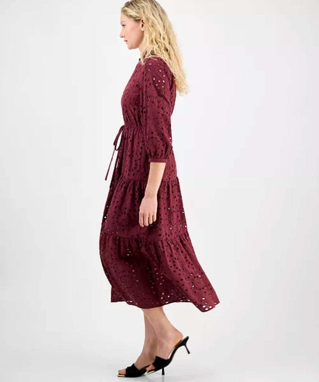 Julia Jordan Women’s Eyelet Tie‑Waist 3/4‑Sleeve Midi Dress – Wine – Size 6  NWT