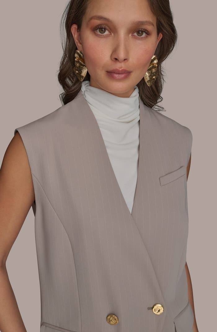 Donna Karan New York Pinstripe Double Breasted Vest Cobblestone 16 NWT $159