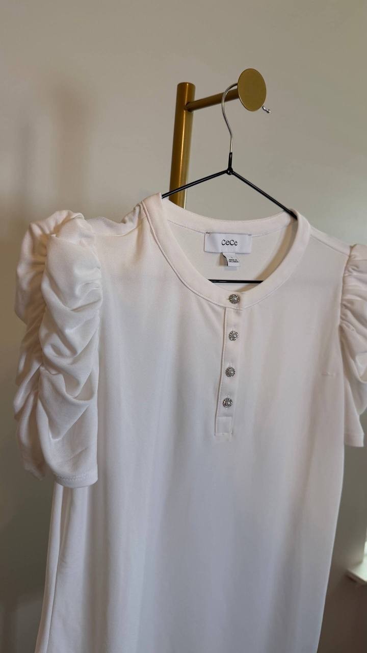 CeCe Shirred Sleeve Embellished ButtonTop New Ivory Crewneck SizeS NWOT$59 snags