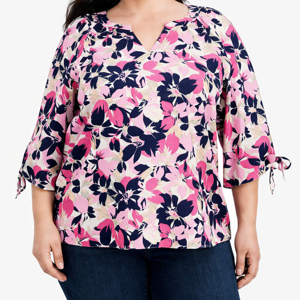 Jones New York Tie‑Sleeve Printed Split‑Neck Blouse White Multi XL NWT $69.50