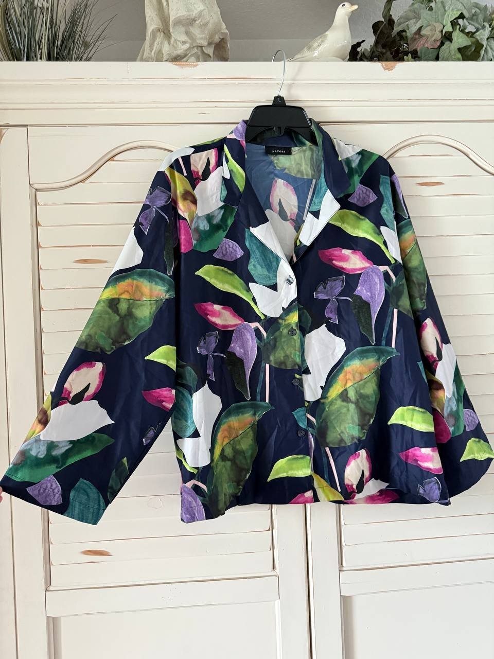 Natori Daido Cropped Floral Pajama Top Navy Multicolor XL NWT Notched Lapel