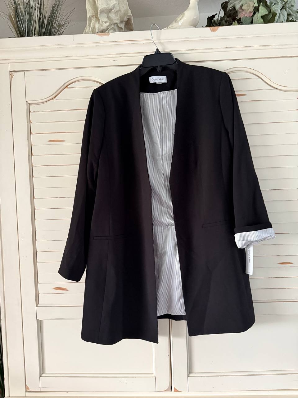 Calvin Klein Jacket 18W Black Plus V-Neck Roll Sleeve Open Front Career Blazer