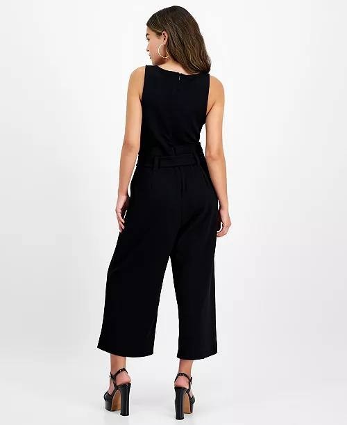 Bar III Petite Tie-Waist Jumpsuit Black Crew-Neck Sleeveless Cropped NWT