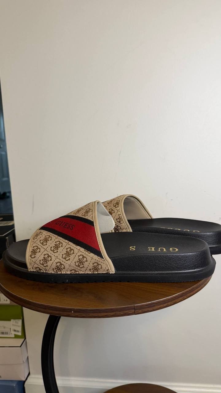 Guess Natural Logo Multi Textile Slides 13M New in Box $65