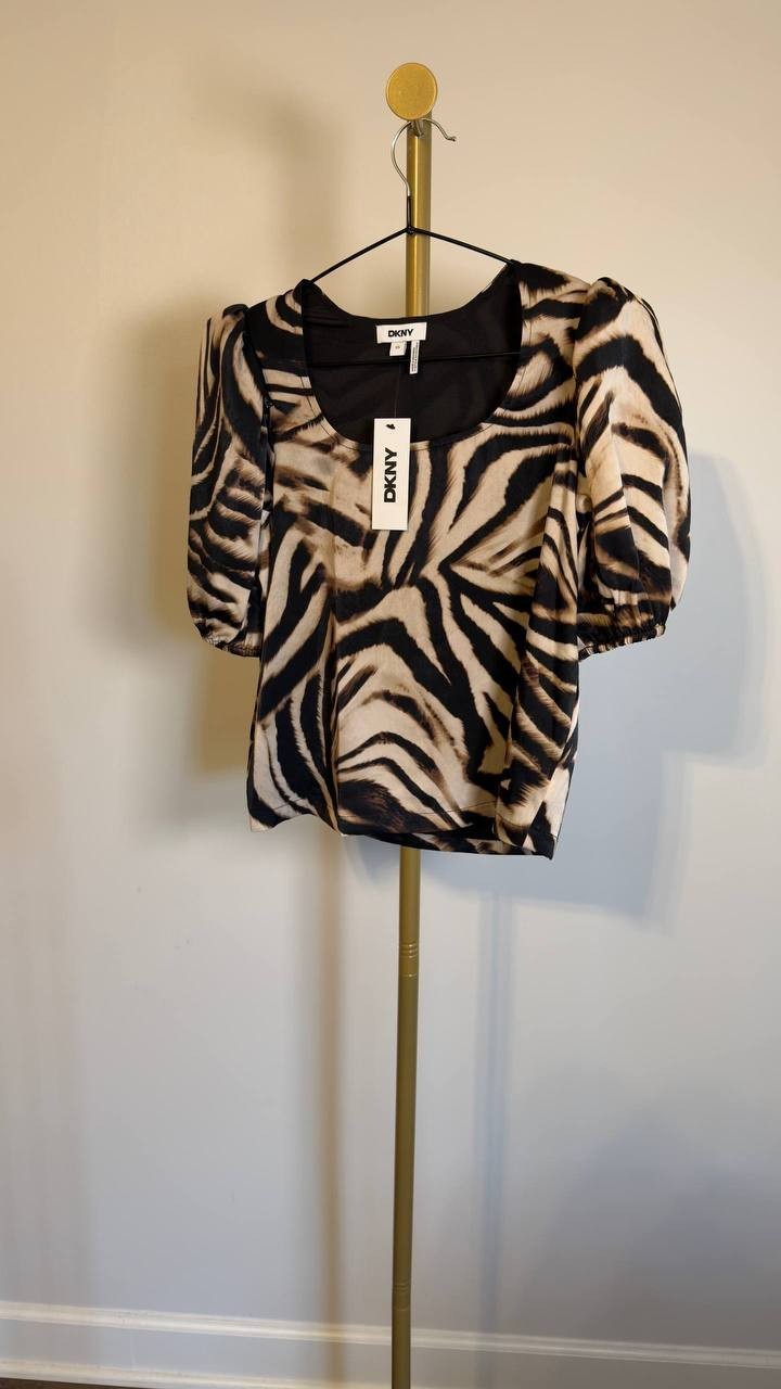 DKNY Printed Satin Puff‑Sleeve Zipper Top Blurred Zebra XS NWT $89
