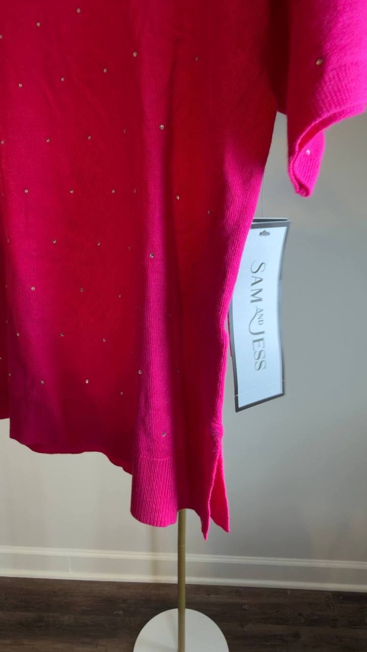 Sam & Jess Short‑Sleeve Embellished Sweater Electric Pink XS NWT $59