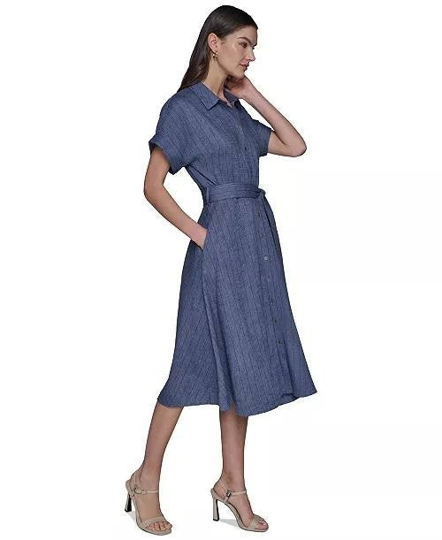 Karl Lagerfeld Paris Dress 12 Blue Belted Pinstripe Midi NWT MSRP $159 Classic