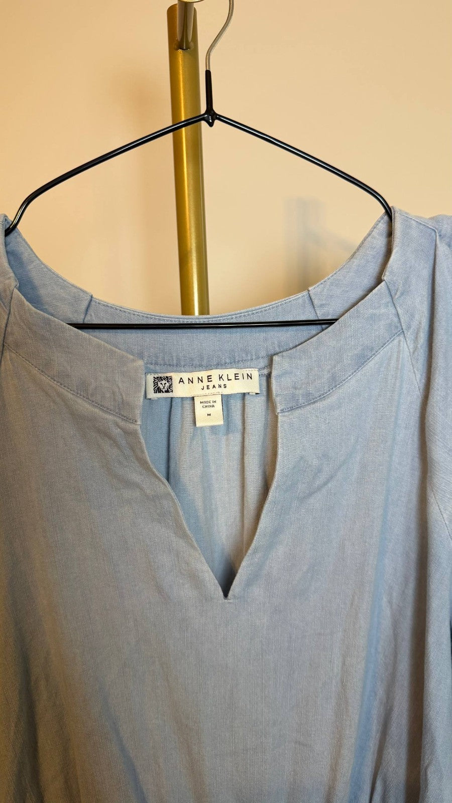 Anne Klein Women’s Split‑Neck Puff‑Sleeve Denim Midi Dress Blue $129 NWT