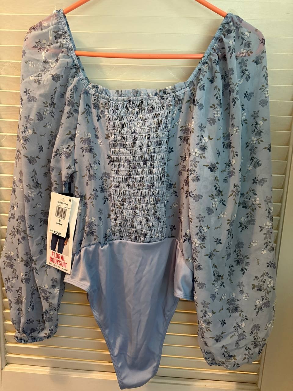 Celebrity Pink Ruched Long-Sleeve Juniors Bodysuit, Blue Knit, Snap, S-XL