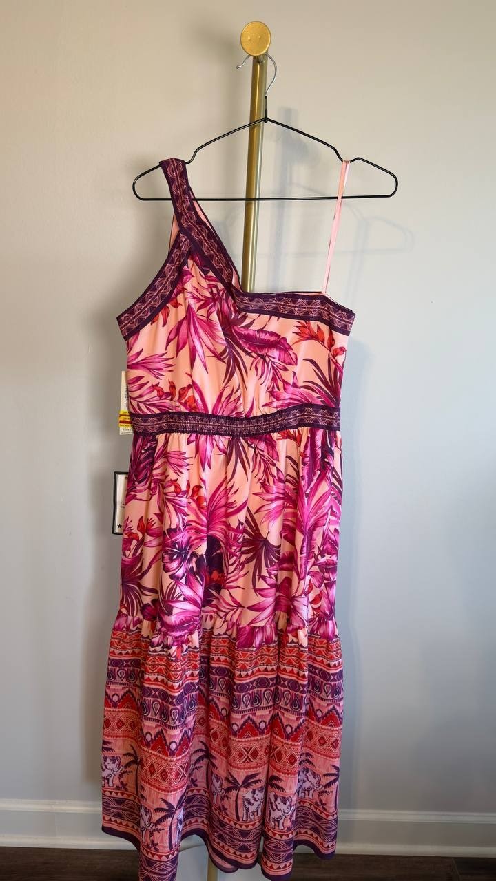 Eliza J Mixed‑Print One‑Shoulder Tiered Midi Dress Floral Multi 14 NWT $158