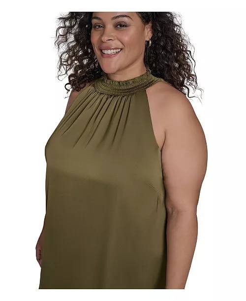 Vince Camuto Plus Size Satin Mock‑Neck A‑Line Dress Olive 16 NWT $138