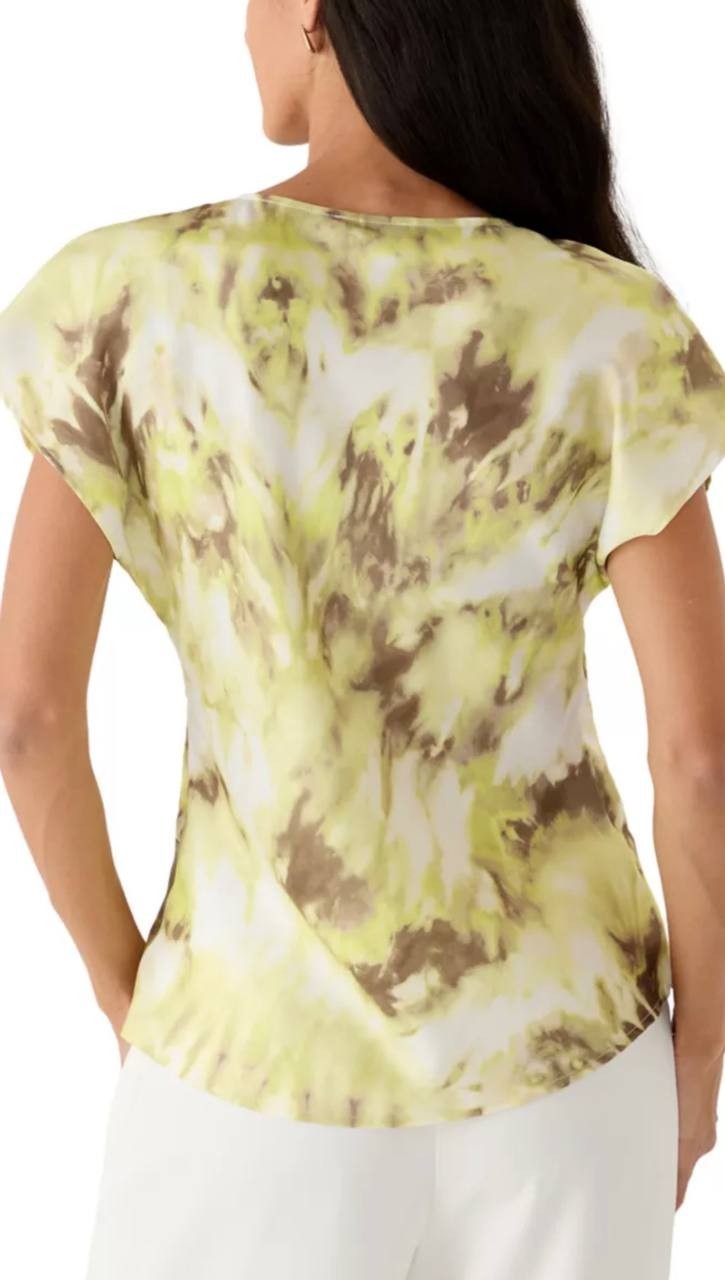 DKNY Twist‑Front Tie‑Dye Dolman‑Sleeve Blouse L Sage/Lime NWT $74