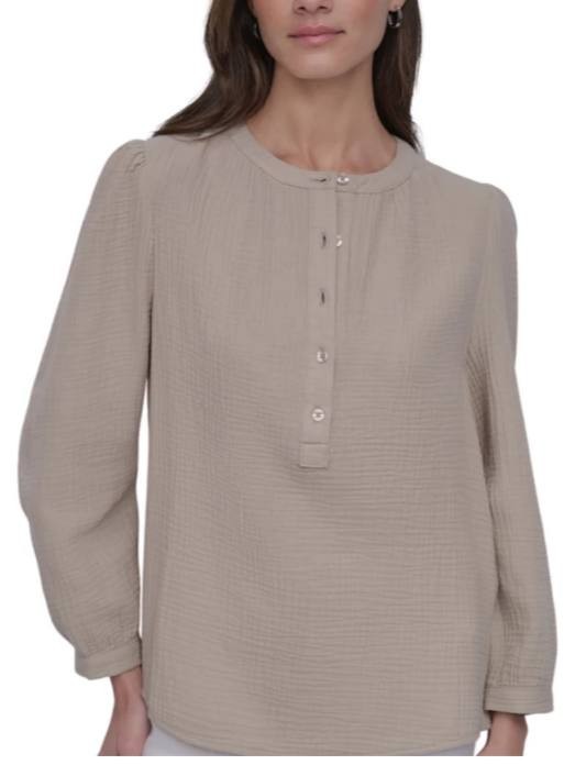 DKNY Jeans Textured Button‑Front Long‑Sleeve Top – Beige – Size XL – NWT – $59