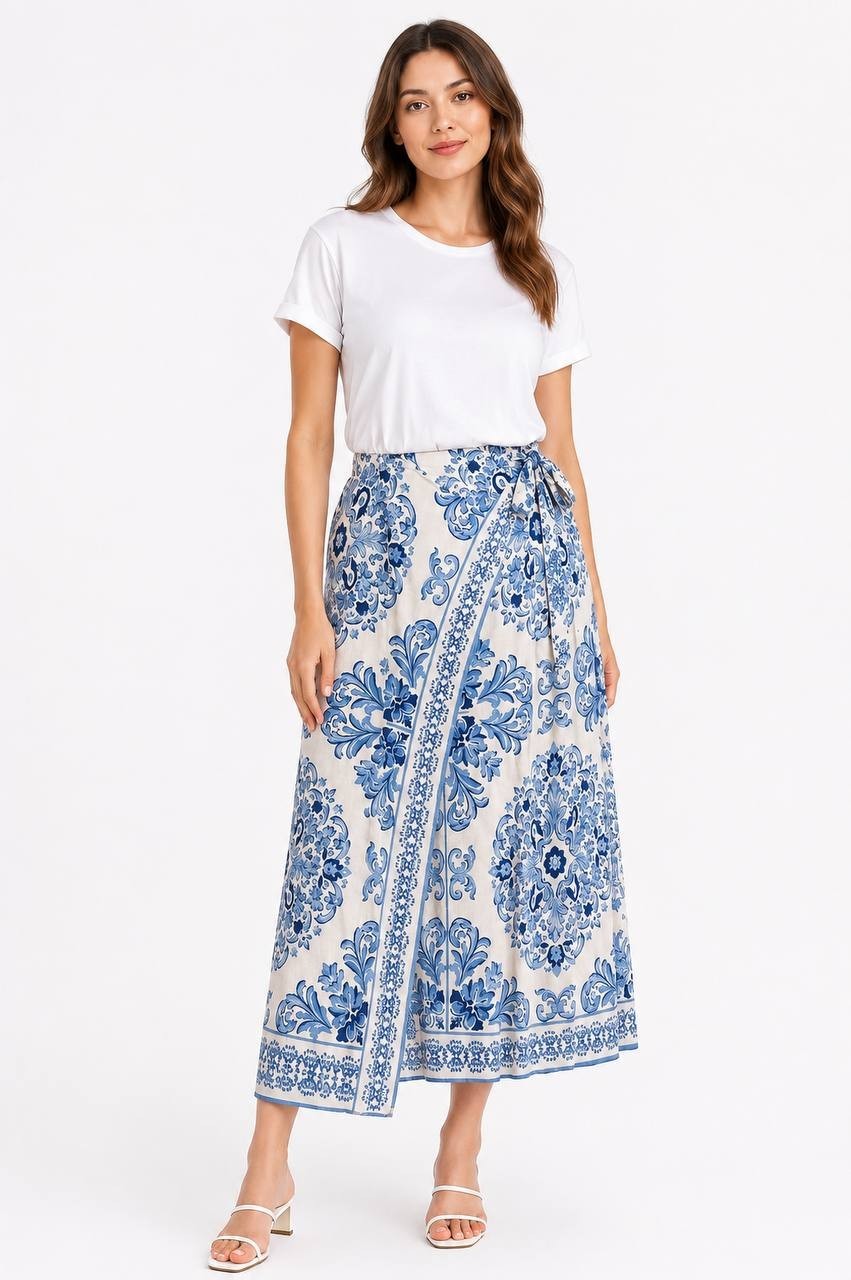 CeCe Women’s Bellflower Blue Wrap Maxi Skirt M NWT $109