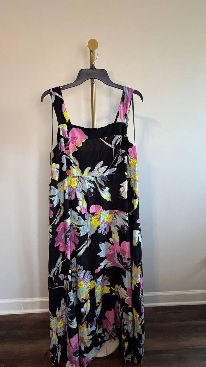 Vince Camuto Plus Floral Square‑Neck Smocked‑Back Maxi Dress Black 1X NWOT $79