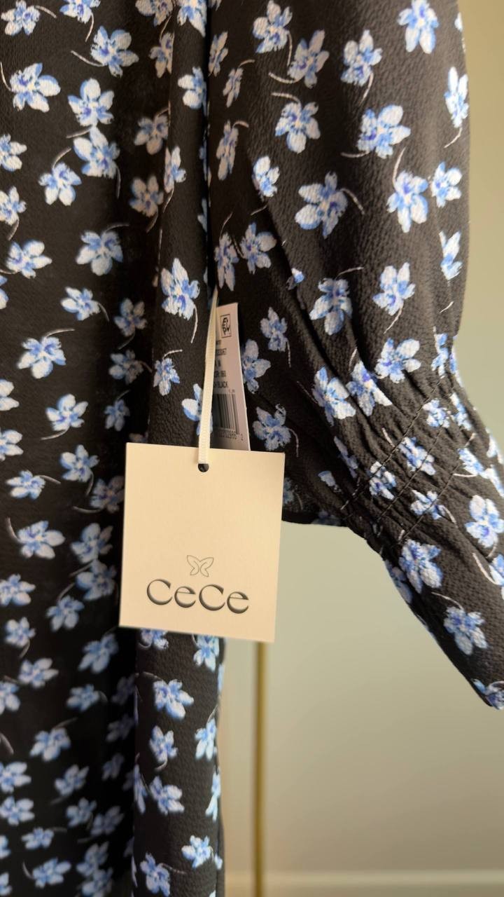 CeCe Floral Split‑Neck Elbow‑Sleeve Blouse Reach Black L NWT $79