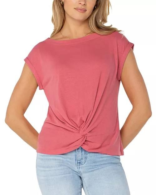 Liverpool Boat Neck Knit Top Slate Rose S NWT Linen Blend Twist Knot Front