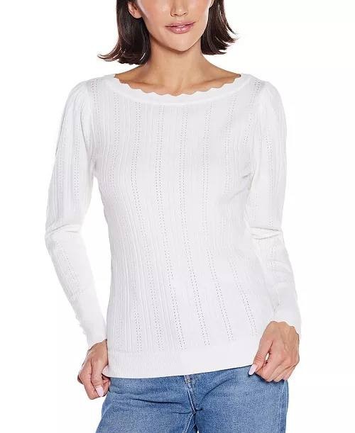 Belldini Scalloped-Trim Boat Neck Sweater White L NWT $59