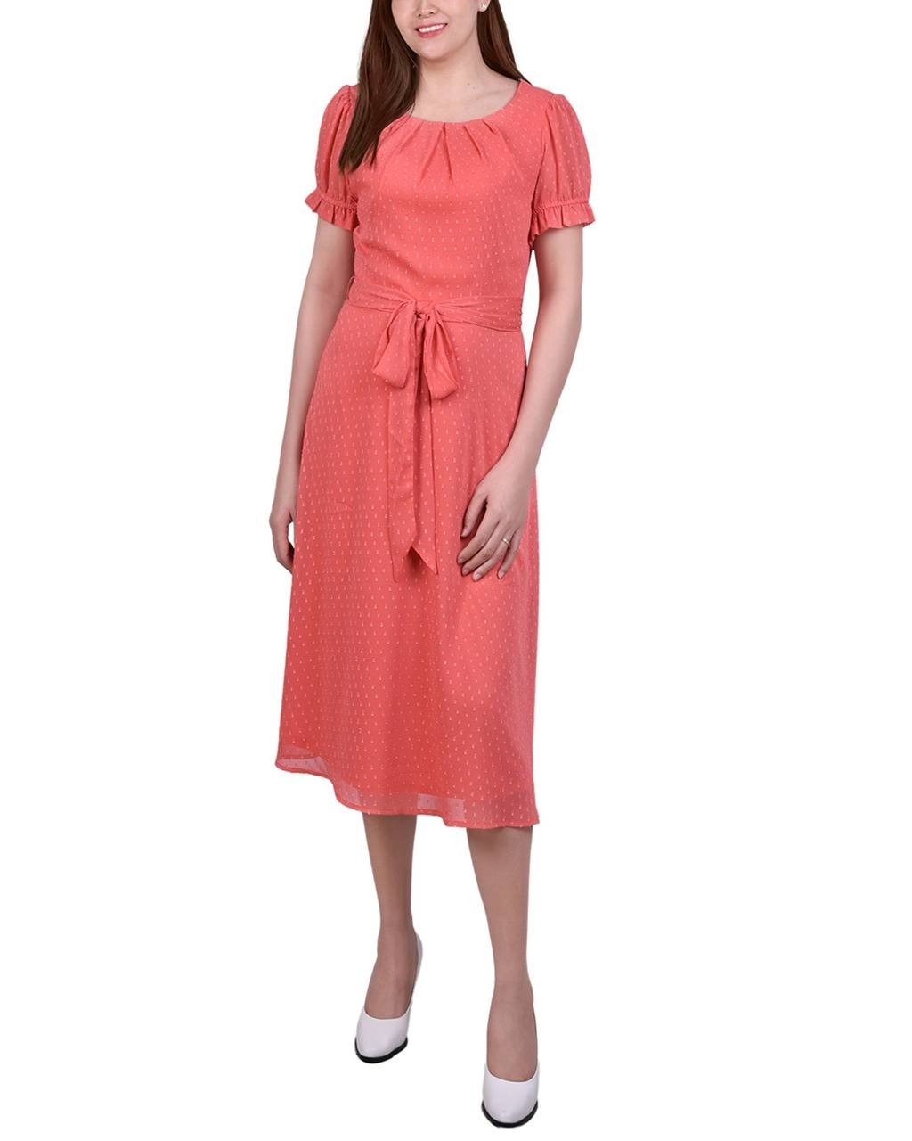 NY Collection Petite Swiss Dot Belted Dress Coral PL $40.99 NWT