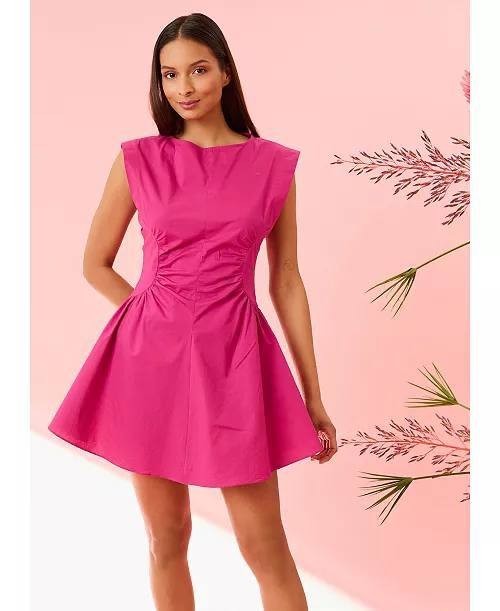 Donna Morgan Gathered-Waist Extended-Shoulder Dress Fuchsia 18 NWT $118