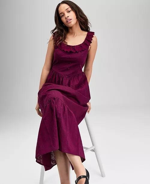 And Now This Cotton Ruffle-Trim Scoop-Neck Maxi Dress Pet/XXS Burgundy