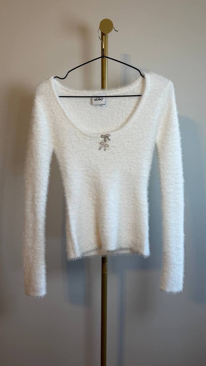 Planet Heart Juniors Bow-Trim Fuzzy Eyelash Sweater White Size S NWOT $39