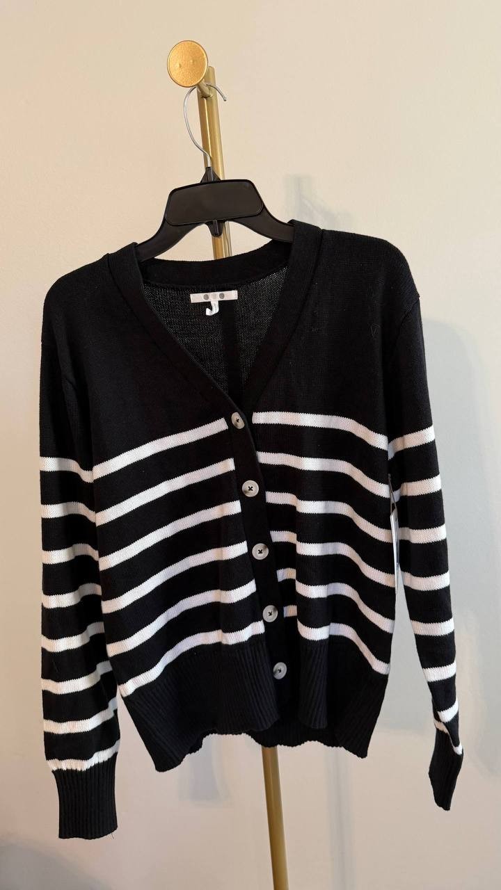 Three Dots Women’s Mackenzie Knit Button Cardigan Black Stripe M $98 NWT
